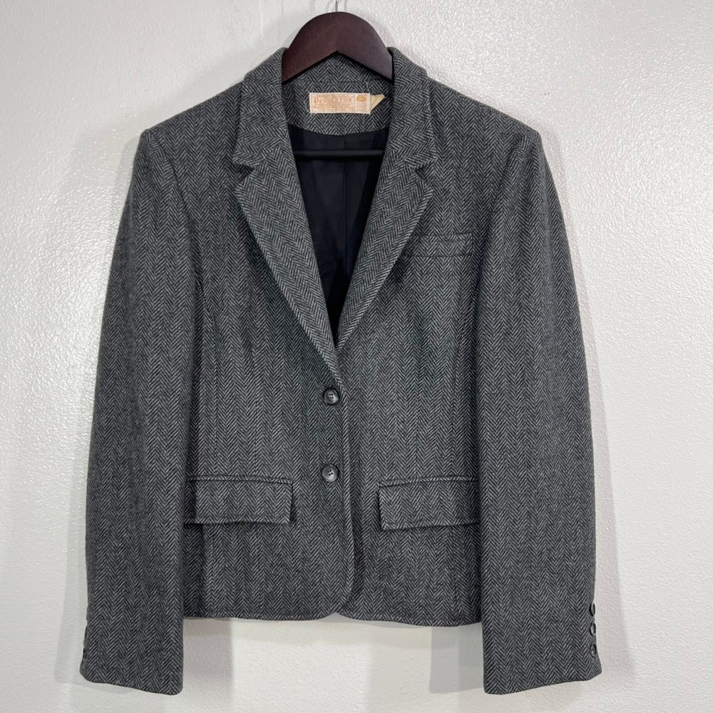 Vintage‎ 70s 80s Pendleton Women Gray Herringbone Wool Blazer Jacket Size 10 USA
